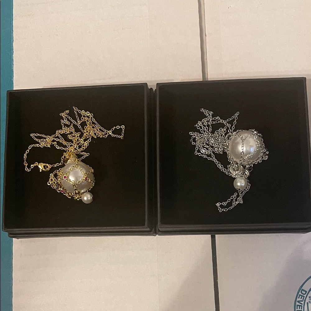 Dual Pearl Pendant Necklace Set in Gold and Silver